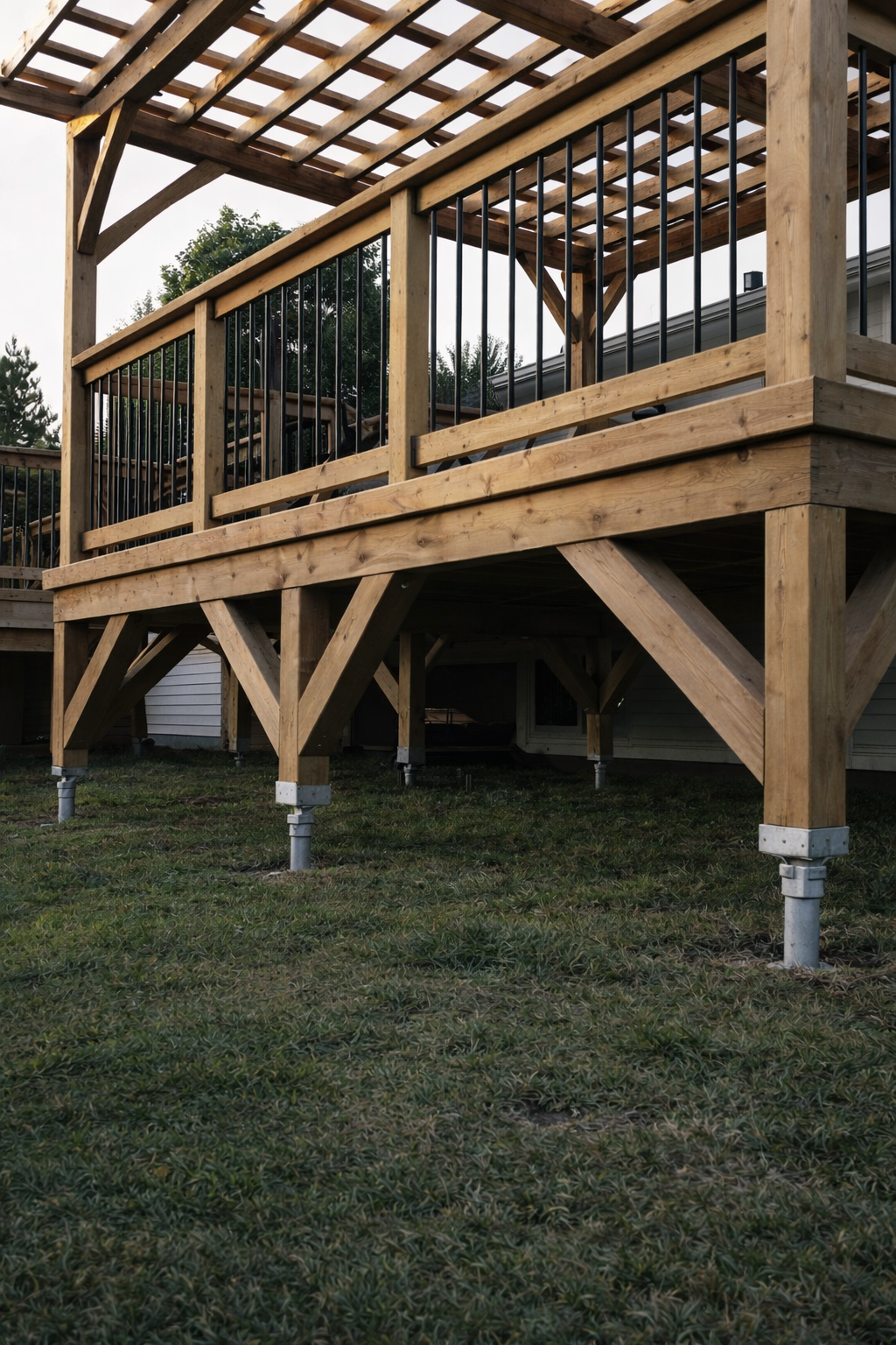 Installation av tolv skruvpålar som bär upp två terrassplattformar med integrerad pergolakonstruktion.