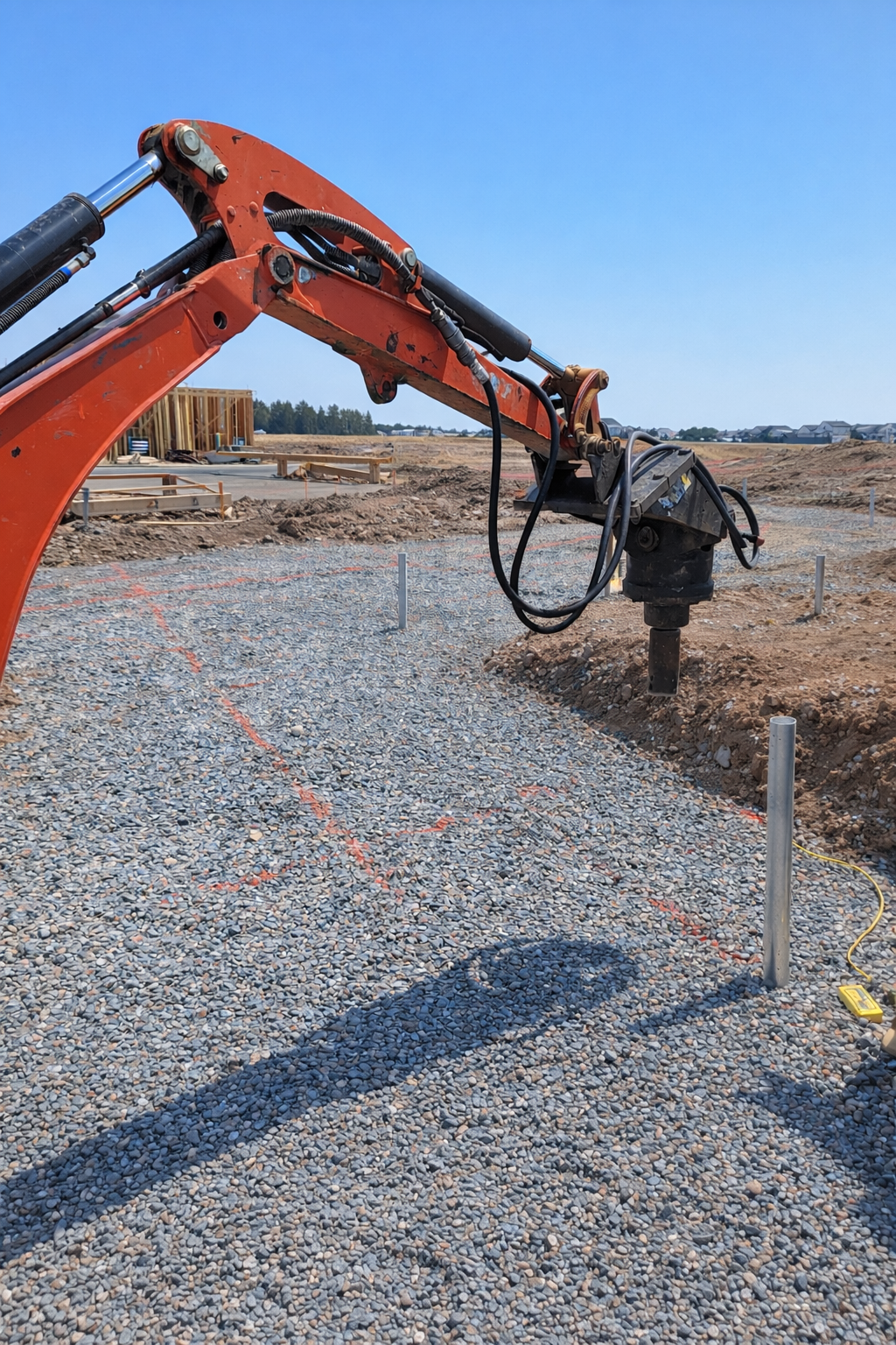 Installation av skruvpålar med armeringshuvuden integrerade i betongfundament och platta, vilket ger förbättrad strukturell stabilitet i krävande markförhållanden.